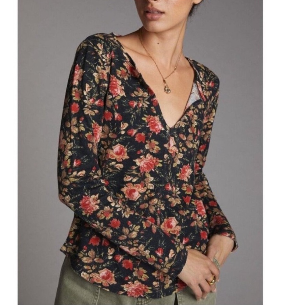 Pilcro Split Neck Floral Long Sleeve Thermal Top Size XS